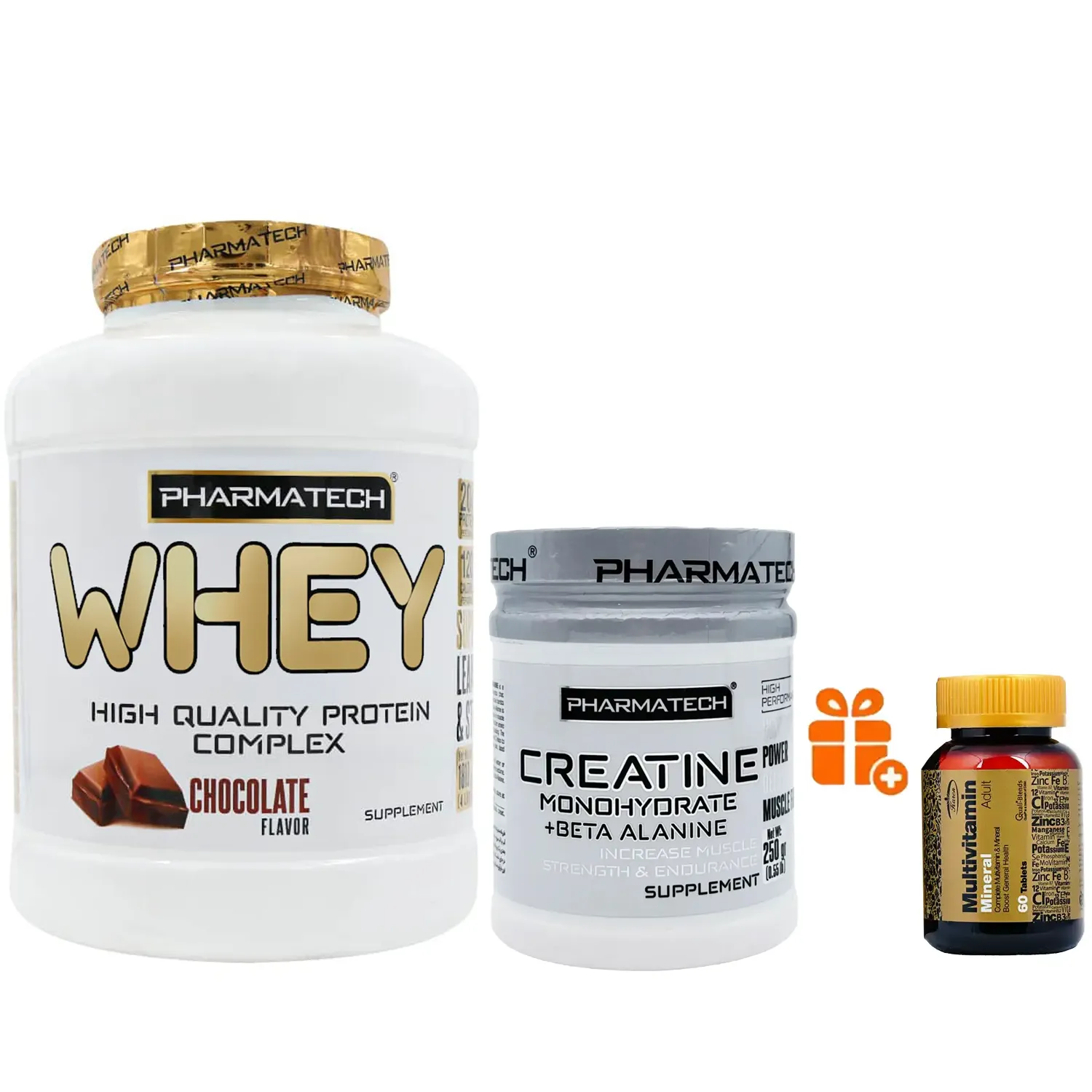 پکیج وی فارماتک شکلاتی + کراتین 300 فارماتک + هدیه مولتی ویتامین کارن