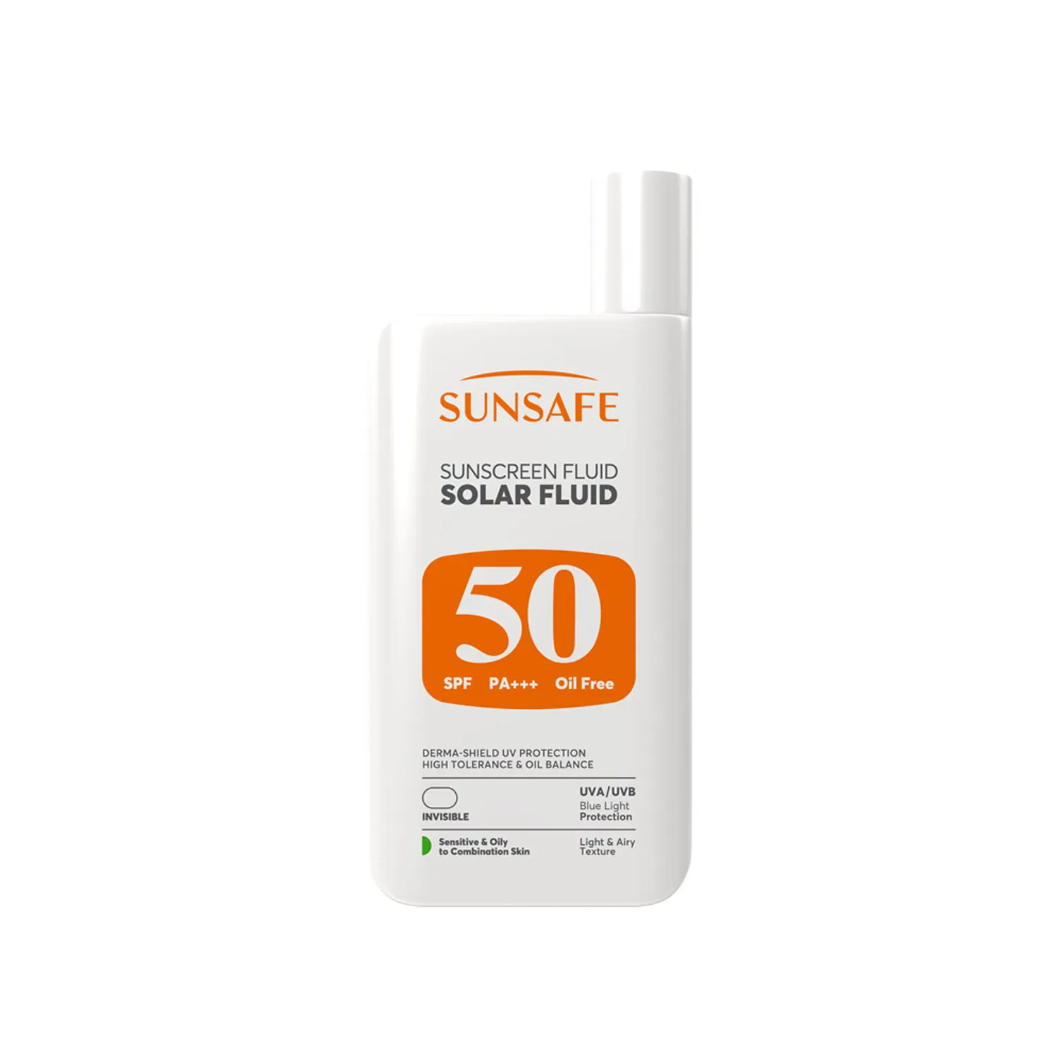 ضد آفتاب فلوئید سان سیف مدل Solar Fluid مناسب پوست های حساس، چرب و مستعد به آکنه با spf50 بدون رنگ 55گرمی