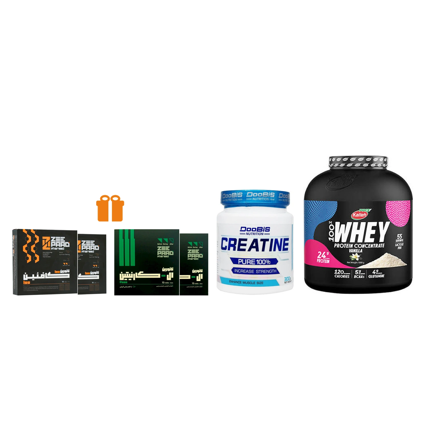 پکیج وی 1800 کاله + کراتین دوبیس + هدیه : 2 بسته ال کارنتین زی پاد و 2 بسته کافئین زی پاد