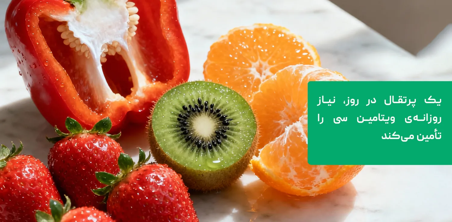 میوه&zwnj;ها و سبزی&zwnj;های غنی از ویتامین سی شامل پرتقال، کیوی، فلفل دلمه&zwnj;ای و توت&zwnj;فرنگی