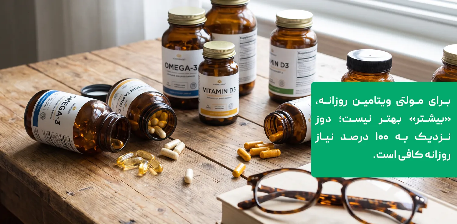 مرد بالای ۵۰ سال در حال مصرف مولتی ویتامین سر میز صبحانه