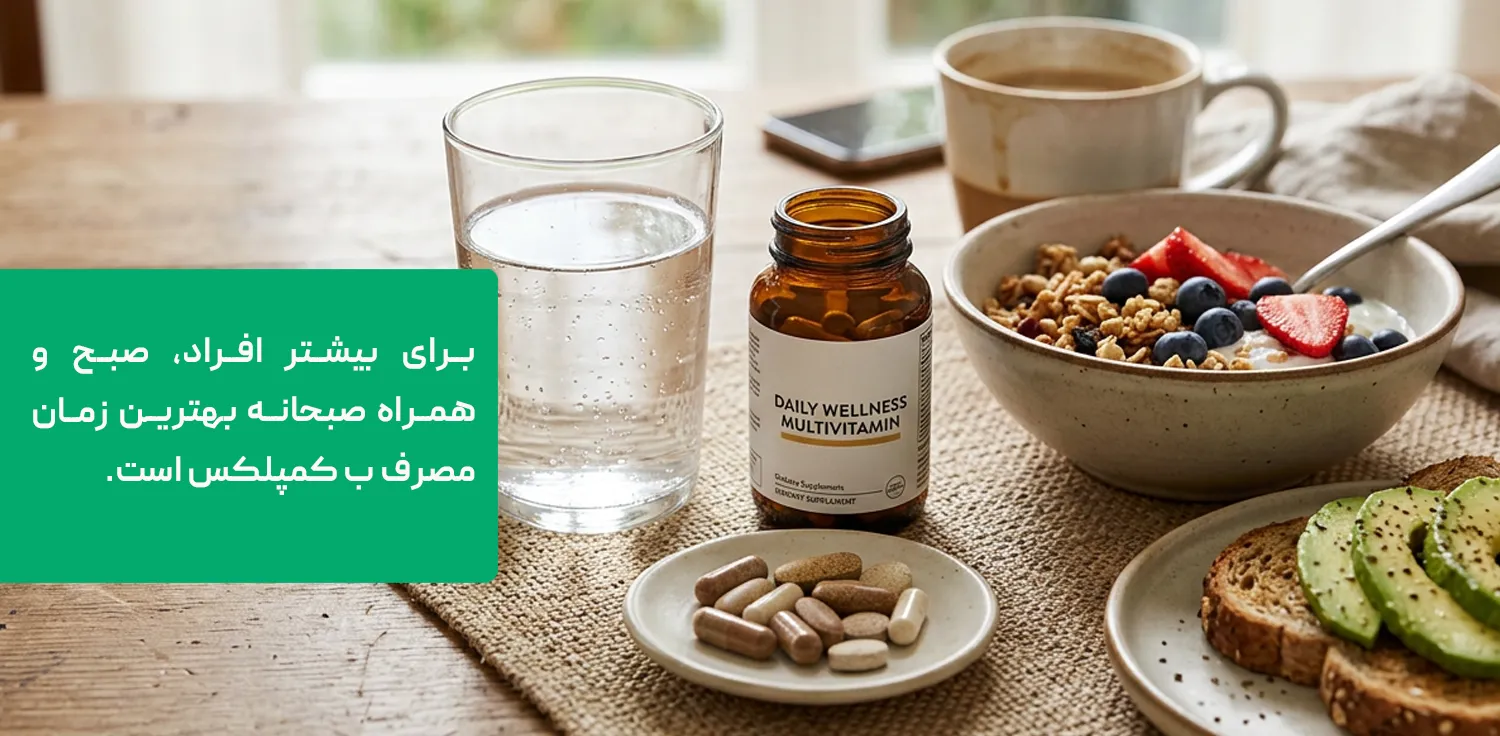  قرص ب کمپلکس کنار صبحانه و لیوان آب