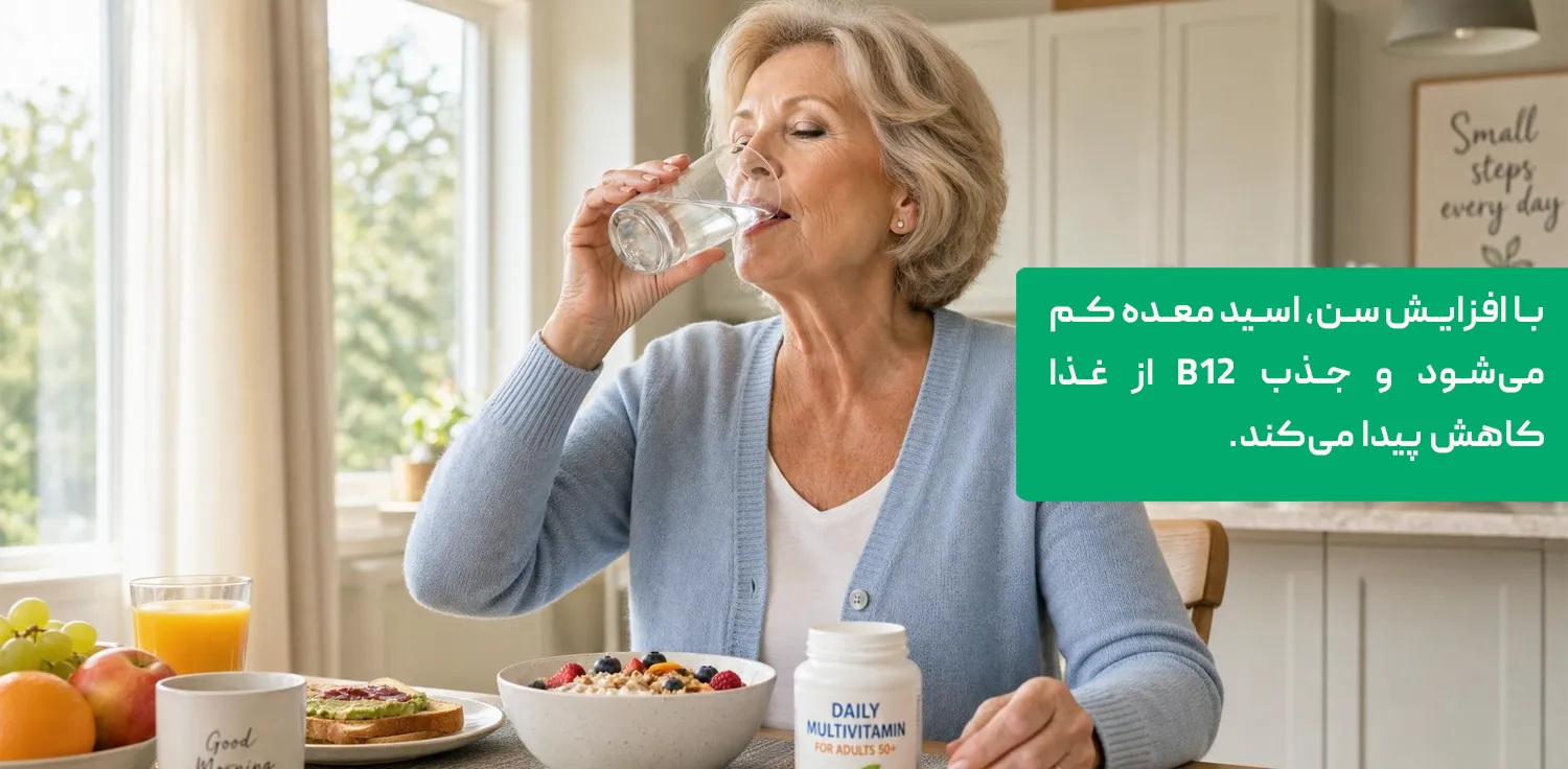 فرد مسن در حال خوردن مکمل ویتامین با لیوان آب